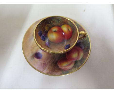 A Royal Worcester miniature fruit decorated cup and saucer, signed M Price - in good condition 