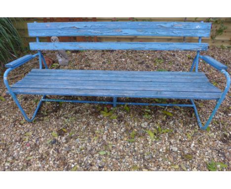 A rustic blue painted vintage garden bench - 167cm wide 