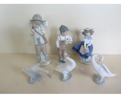 A Lladro girl, three geese, a Nao figure and similar figure 