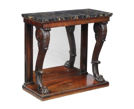 Ω A George IV rosewood and marble mounted console table, circa 1825, attributed to Gillows, the variegated black marble top a