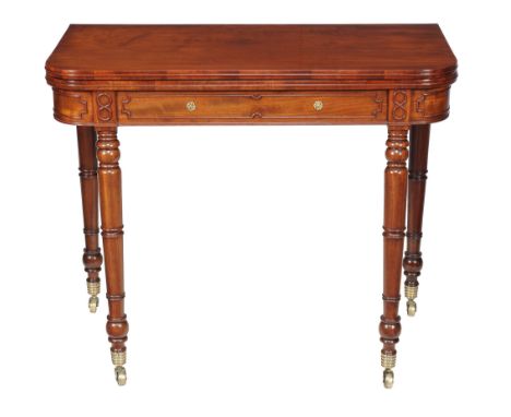  A Regency mahogany folding card table,   circa 1815, the D shaped top with moulded edge opening to the baize inset interior,