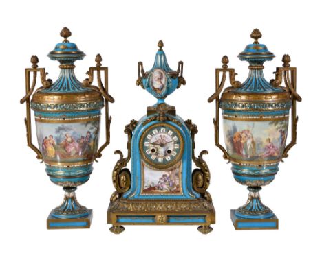  A French Sevres-style blue-ground porcelain and gilt-metal mounted three piece clock garniture  , Japy Freres, second half 1