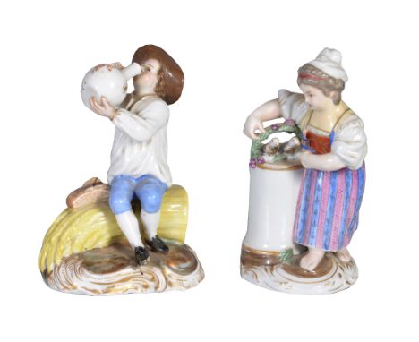  A Russian porcelain model of a harvester,   mid 19th century, blue cypher mark, 11cm high;  another of a girl,   blue cypher