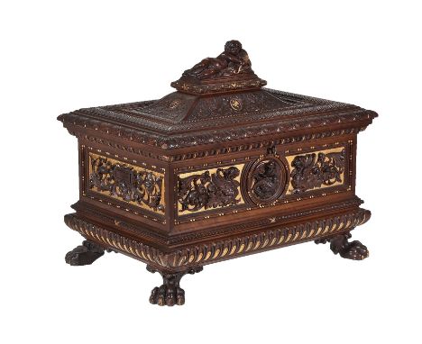  A fine Sienese carved and parcel gilt walnut casket,   circa 1875, by Gosi  &  Querci, in Neoclassical taste and highly deco