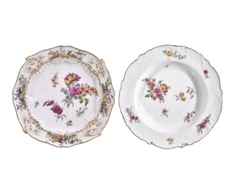  A Chelsea soup plate,   circa 1756 , decorated in the Meissen manner with scattered   deutsche Blumen  , the border moulded 