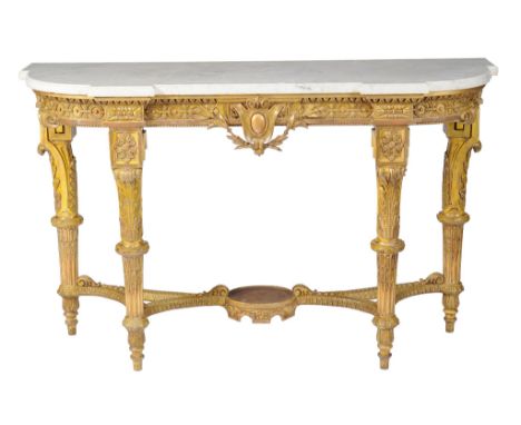  A carved giltwood, composition and marble mounted console table,   circa 1860,  of bowfront form overall, the shaped marble 