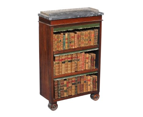 Ω A pair of rosewood and marble mounted dwarf open bookcases , circa 1815 and later, each mottled grey marble top with moulde