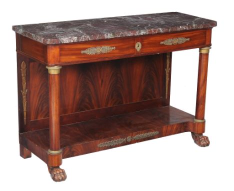 A Louis Philippe mahogany and gilt metal mounted console table, circa 1840, the variegated red marble top above two frieze dr