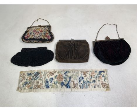 A collection of ladies handbags and an example of embroidery on silk panel.