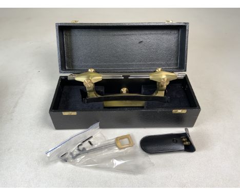 A large cased brass and steel watchmakers depthing tool by JMW Clocks Sheffield. 28cm long. In original box with associated t