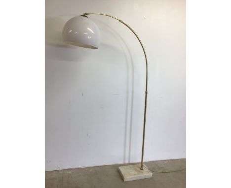 A modern extendable metal curved lamp with marble base and adjustable plastic shade.  W:128cm x H:196cm
