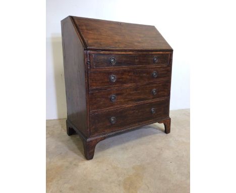 Georgian oak bureau with brass handles, pull out bars for desk with interior secretair in inlaid light oak  W:92cm x D:54cm x
