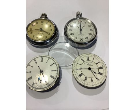 Two vintage stop watches and two lever escapement pocket watch movements. 