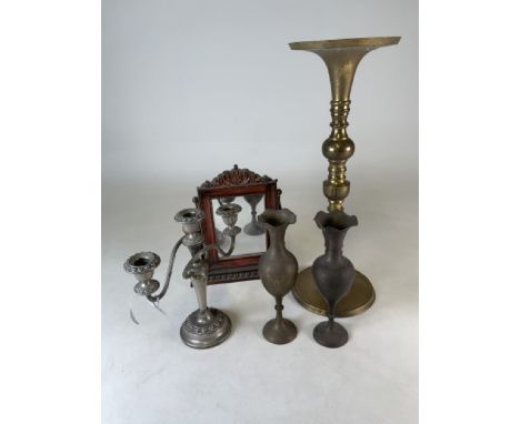 A large brass candle stick with two brass vase etc.