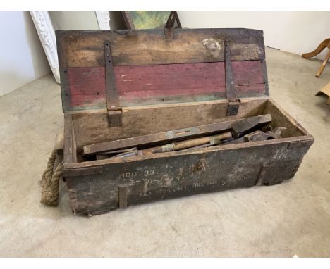 Railwayana. A wooden tool box containing a selection of tools. 