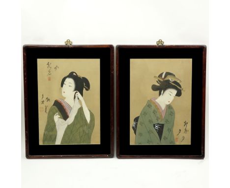 Two (2) Vintage Japanese Watercolor/Gouache On Paper "Japanese Beauties". Signed with artist signature and stamp. Good condit