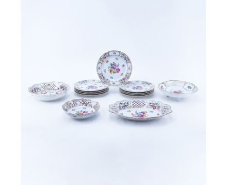 Thirteen (13) Pieces Vintage Bavaria Hand Painted Table Top Items. Includes 3 reticulated bowls (1 with chip), reticulated ov