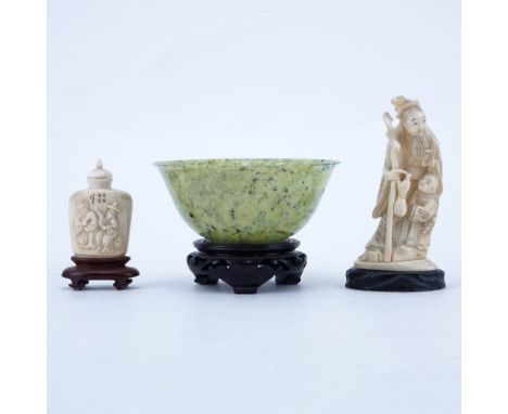 Collection of Three (3) Antique Oriental Tablewares. Includes: Jade bowl on wooden stand, carved ivory covered snuff bottle, 