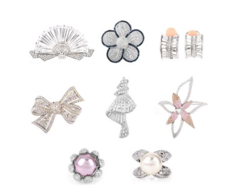 Eight (8) Pieces Vintage Costume Fashion Jewelry. CZ and Silver-Tone. Including Kenneth Jay Lane, Nolan Miller and unsigned. 