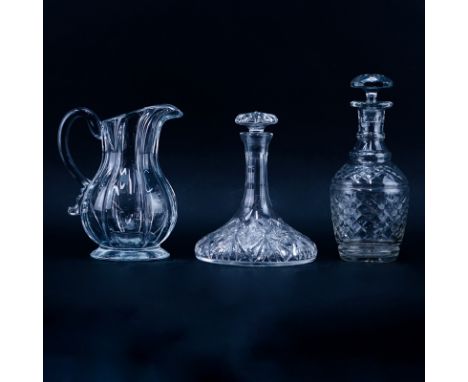 Two (2) Vintage Glass Decanters, One (1) Metropolitan Museum of Art Reproduction Glass Pitcher. Unsigned. One decanter with s