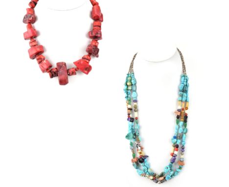 Two (2) Vintage Chunky Stone necklaces. Includes: red coral 19", turquoise & mixed stone and beads 30". Good condition. Shipp