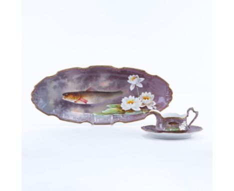 Antique Limoges Porcelain Hand Painted Fish Platter and Sauce Boat Set. Backstamp and artist signed. Typical light wear. Plat