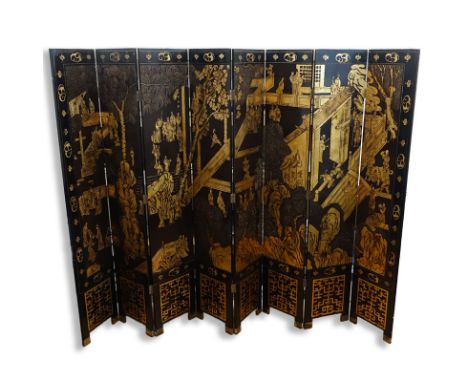Large Chinese Black Lacquer and Gilt Painted 8 Panel Screen. Depicts a courtyard scene to front and birds with flowers scene 