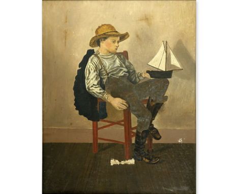 American School, 19/20th Century Oil on Canvas in the Manner of J.G. Brown. Depicts a portrait of a seated male holding a sai