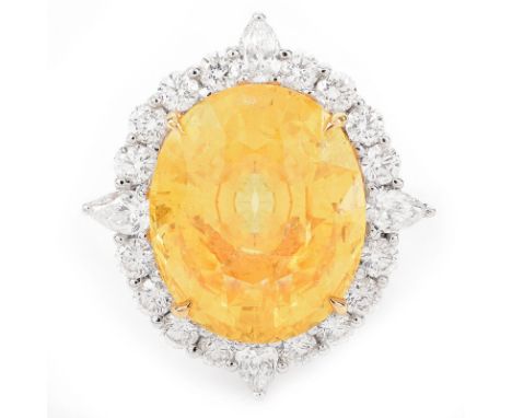 C. Dunaigre Switzerland Certified 22.60 Carat Oval Cut No Heat Ceylon Yellow Sapphire, 2.43 Carat Diamond and 18 Karat White 