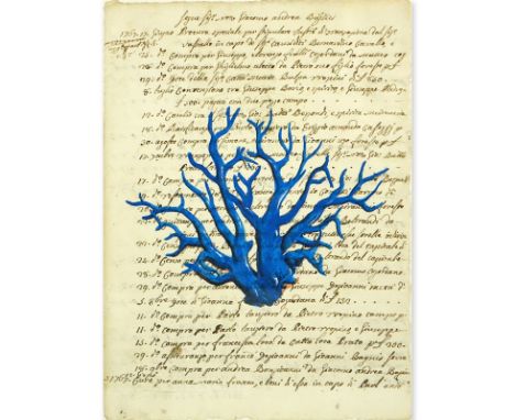 Italian School Hand Colored Engraving Of Blue Coral On 18th Century Manuscript. Visible date of 1768. Toning from age, nicely