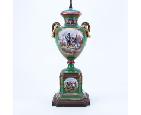 Large French Sevres Style Hand Painted Napoleonic Porcelain Urn as Lamp. Several Napoleonic scenes on front and obverse side 