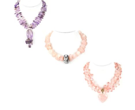 Three (3) Vintage Quartz Beaded Necklaces. Includes Chunky rose quartz nugget 17-1/2" , rose quartz choker with heart pendant