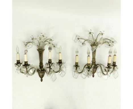 Pair Vintage Crystal Beaded Metal Sconces. Unsigned. Good condition, in need of cleaning. Measures 18" x 14" W. Shipping: Thi