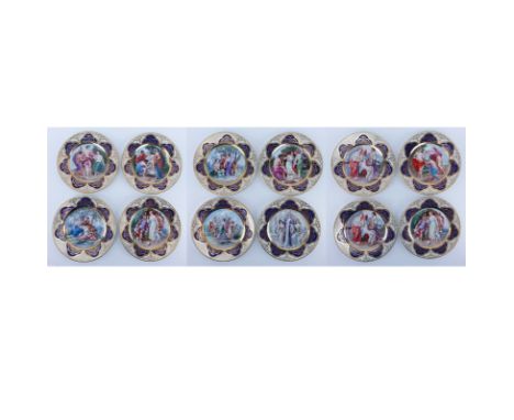 Set of Twelve (12) Limoges Royal Vienna Style Plates. Hand painted gilt rims, transferred classical scenes. Marked PCV. Light