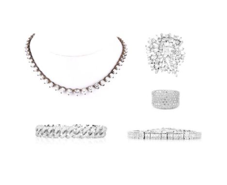 Five (5) Pieces Vintage Sterling Silver and CZ Costume Fashion Jewelry. Includes: 2 bracelets, ring, brooch, necklace. Marked