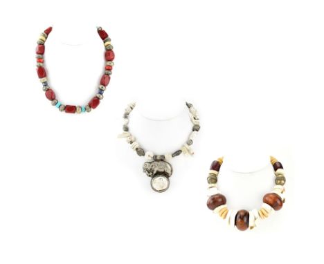 Three (3) Chunky Boho Style Necklaces. Beads of shell, stone, silver tone beads. Unsigned. Light wear. Shipping $28.00 (estim