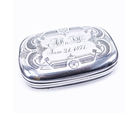 Circa 1870 Albert Coles, New York (active circa 1835-1875) Engraved Sterling Silver Snuff Box. Stamped 925, maker's mark. Ins