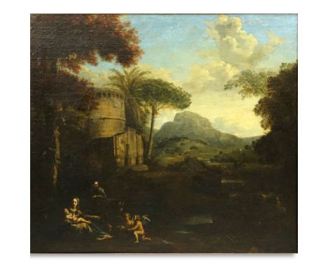 Circle Of: Francesco Cozza, Italian (1605-1682) Oil on Canvas "Architectural Landscape With The Birth Of Christ". Unsigned. G