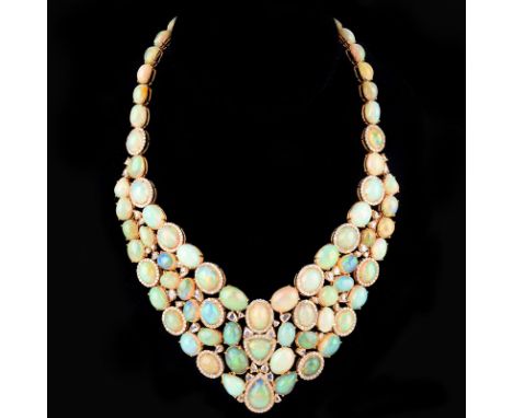 Stunning Approx. 250.0 Carat Cabochon Opal, 12.0 Carat Round Brilliant Cut Diamond and 18 Karat Yellow Gold Necklace. Opals w