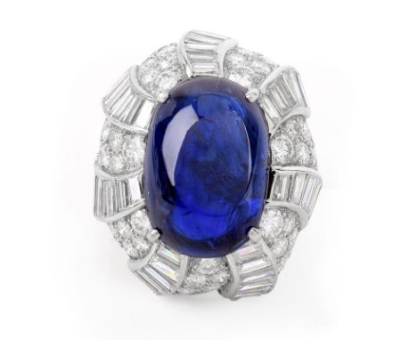 Important Vintage David Webb GIA Certified 17.02 Carat Oval Cabochon Burma No Heat Sapphire, Baguette and Round Brilliant Cut