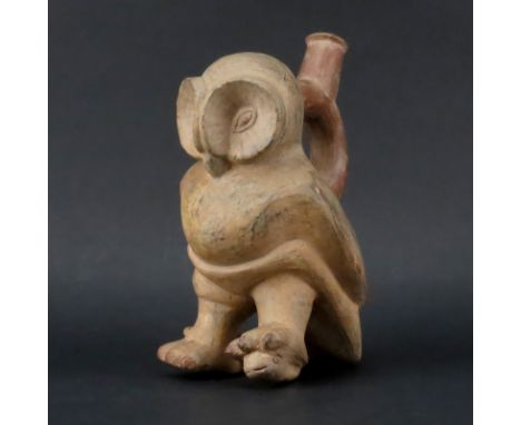 Pre Columbian or Later  Moche Inca Polychrome Owl Pottery Stirrup Vessels. Depicts an owl figure stepping over serpent. Patin