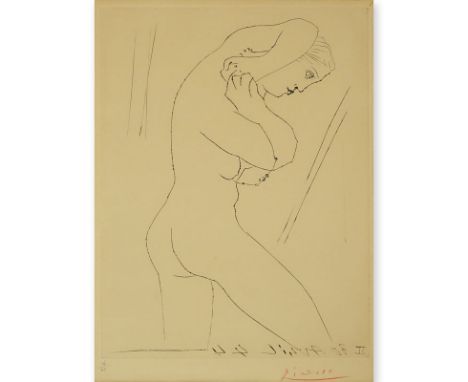 Pablo Picasso, Spanish (1881 - 1973) Etching " Pablo Picasso" Signed in red crayon, numbered 14/30. Toning from age, full she