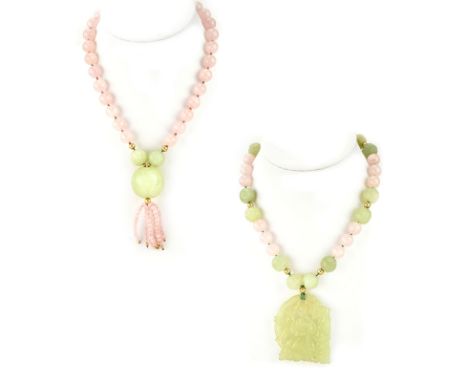 Two (2) Vintage Carved Jade and Rose Quartz Beaded Necklaces. Unsigned. Good condition. Measures 17" L. Shipping $30.00 (esti