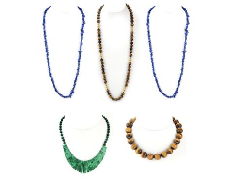 Five (5) Vintage Semi-Precious Stone Necklaces. Includes 2 lapis strands 17", malachite choker, 2 tiger eye beaded necklaces.