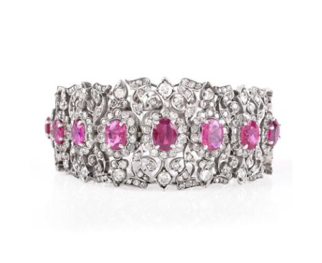 Antique Approx. 20.0 Carat Graduated Oval Cut Burma Ruby, 8.0 Carat Old European Cut Diamond and 18 Karat White Gold Bracelet