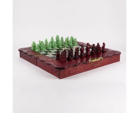 Vintage Chinese Chess Set. Carved wood case with faux ivory and faux lacquer inset board. Faux jade and faux cinnabar chess p