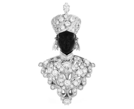 Vintage Gioielleria Nardi Approx. 5.78 Carat Round Brilliant and Navette Cut Diamond, 18 Karat White Gold and Carved Ebony "A