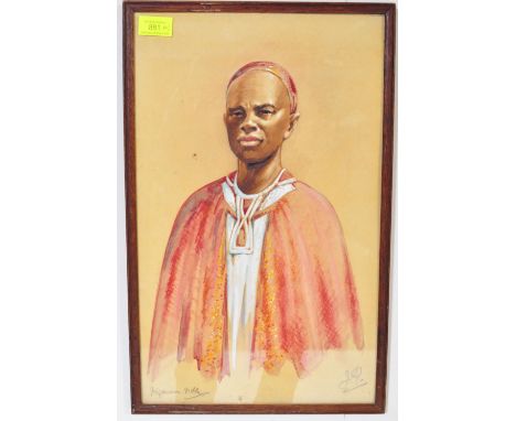 A retro vintage late 20th century pastel portrait of a Nigerian Noble in African tribal dress. Signed JP to the corner. Frame