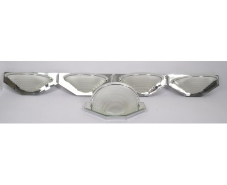 A set of five retro vintage 20th century glass &amp; chrome Italian style wall hanging lights. Each light having a chrome mir