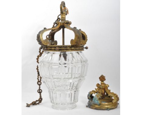A 19th century brass hanging pendant ceiling light / shade with brass fixtures with moulded acanthus to each side and hanging